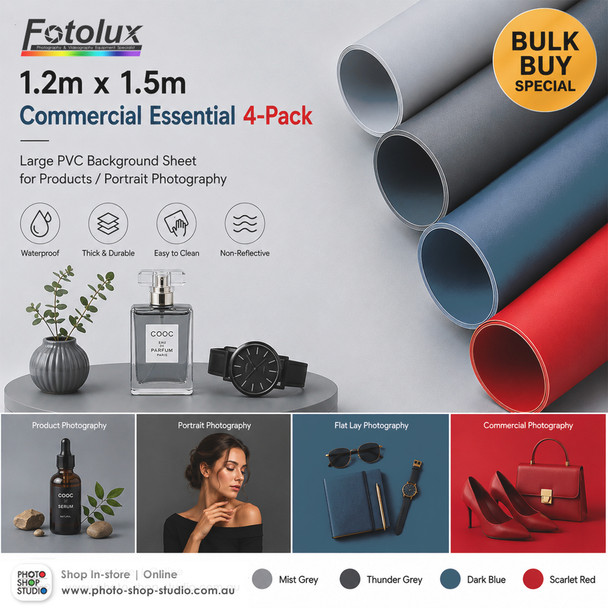 Fotolux 1.2m x 1.5m Commercial Essential 4-Pack Large PVC Background Sheet for Products/Portrait Photography ( Mist Grey + Thunder Grey +Dark Blue +Scarlet Red ) - Bulk Buy