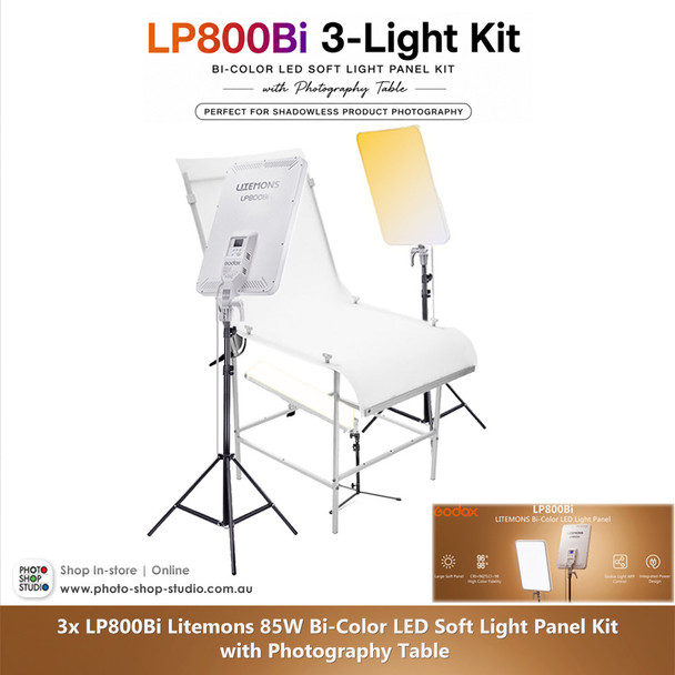 Godox 3x LP800Bi Litemons 85W Bi-Color Soft Light Three LED Panel Kit with Photography Table 