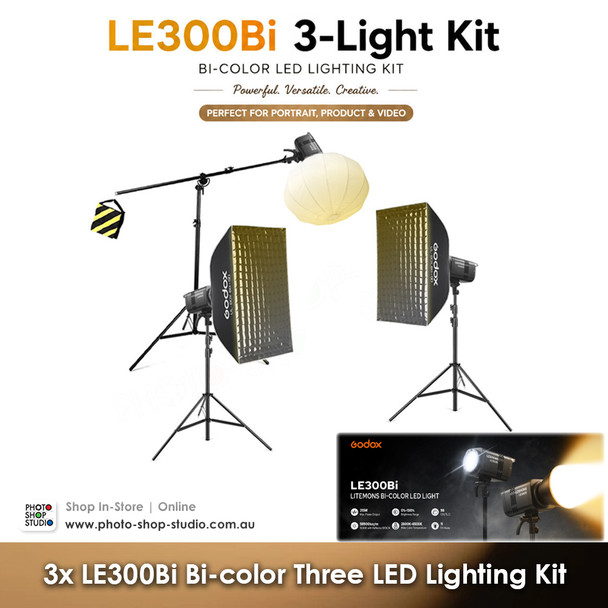 Godox 3x LE300Bi Litemons 320W Bi-color COB AC Power Three LED Lighting Kit (Black Version)
