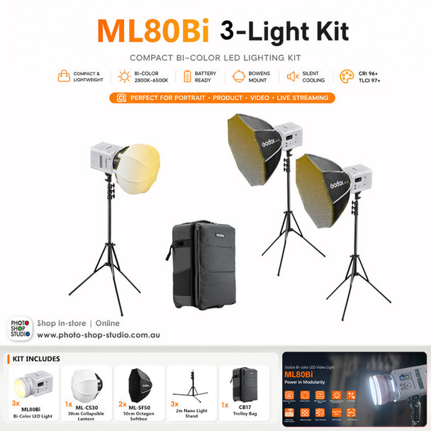 Godox ML80Bi 3-Light Kit - 80W Bi-Color Portable LED Vide Light with ML-BA 6600mAh Battery 
