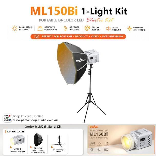 Godox ML150Bi Starter Kit - 150W Bi-Color Portable LED Video Light with AC-DC Power Adapter & Octagon Softbox 