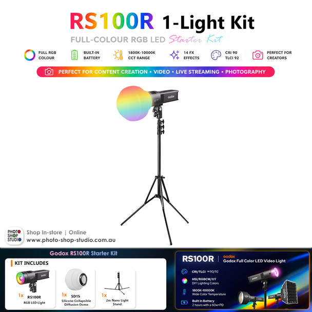 Godox RS100R Starter Kit - 100W RGB Full Color Portable LED Video Light (Built-In Battery) with Diffusion Dome