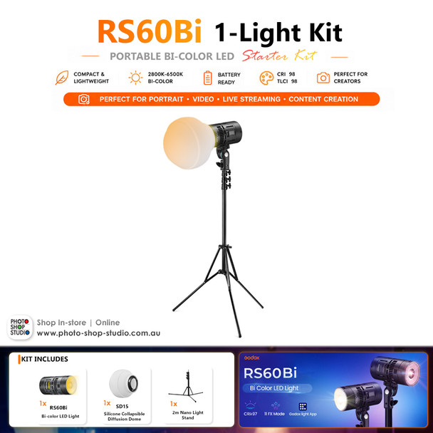 Godox RS60Bi Starter Kit - 60W Bi-Color Portable LED Video Light with Battery & Diffusion Dome