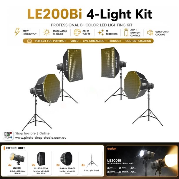Godox 4 x LE200Bi 220W Bi-Color COB LED Light Kit - Black Version