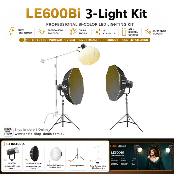 Godox 3 x LE600Bi 610W Bi-Color COB LED Light Kit - Black Version