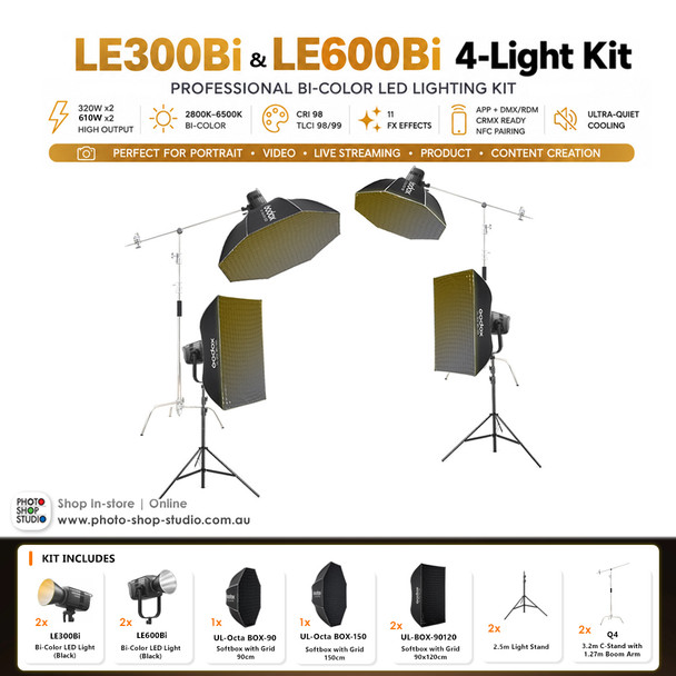  Godox 2 x LE300Bi 320W + 2 x LE600Bi 610W Bi-Color COB LED Light Kit - Black Version