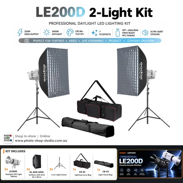 Godox 2 x LE200D 220W Daylight COB LED Light Kit - White Version