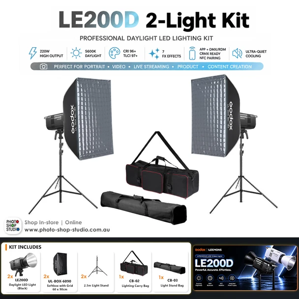 Godox 2 x LE200D 220W Daylight COB LED Light Kit - Black Version