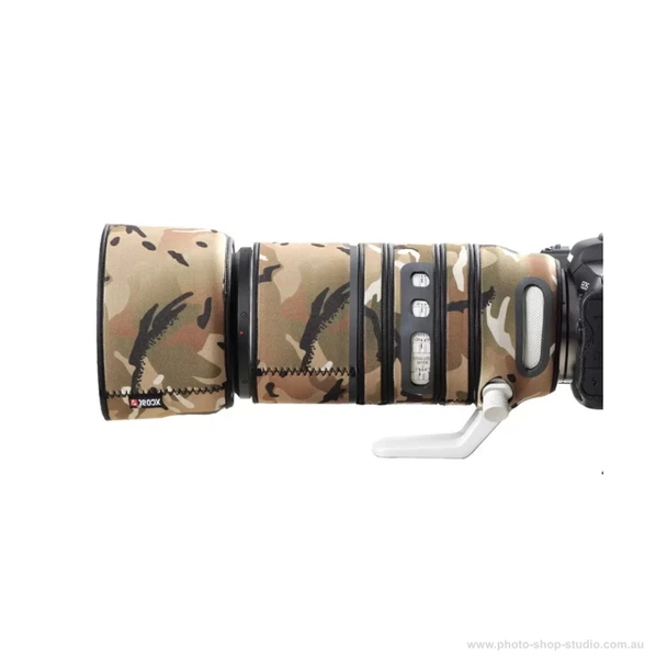 MC camouflage lens coat installed on Canon RF 100-500mm lens side view