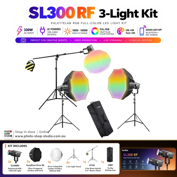 Godox 3 x SL300 RF 330W PaletteLab RGB Full-Color COB LED Light Kit
