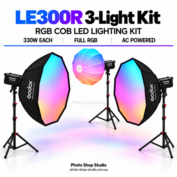 Godox 3 x Litemons LE300R 330W RGB COB LED Light with Studio Softboxes Kit - Black 