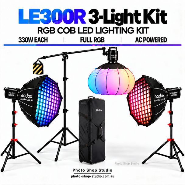 Godox 3 x Litemons LE300R 330W RGB COB LED Light with EazyFlow Octa Softboxes Kit - Black