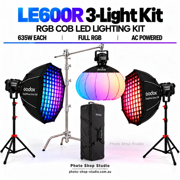 Godox 3 x Litemons LE600R 635W RGB COB LED Light with EazyFlow Octa Softboxes Kit - Black