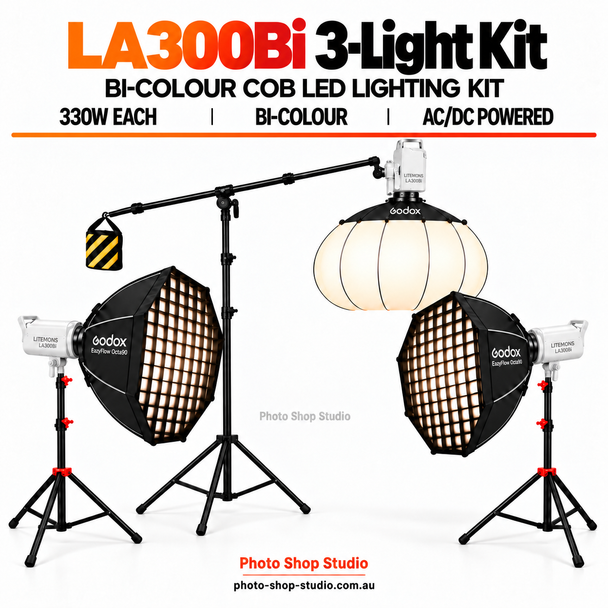 Godox 3 x Litemons LA300Bi 330W Bi-Color COB LED Light with EazyFlow Octa Softboxes Kit 