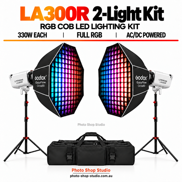 Godox 2 x Litemons LA300R 330W RGB COB LED Light with EazyFlow Octa Softboxes Kit