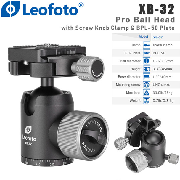 Leofoto XB-32 Pro Ball Head with Screw Knob Clamp & BPL-50 Plate (Max Load 15kg) 