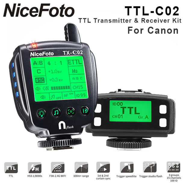 Nicefoto TTL-C02 Wireless Flash Remote TTL Trigger Kit for Canon (2.4G , HSS, 1/8000S, LCD Display)