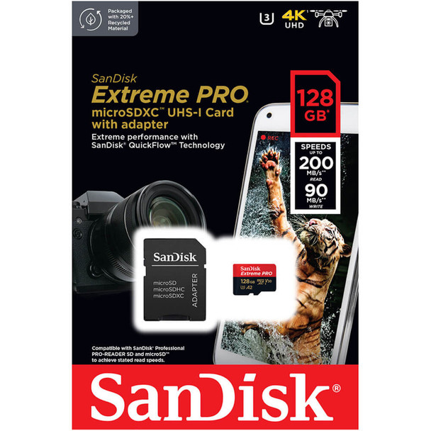 SanDisk Extreme PRO 128GB 200MB/s microSDXC UHS-I A2 V30 Memory Card with Adapter