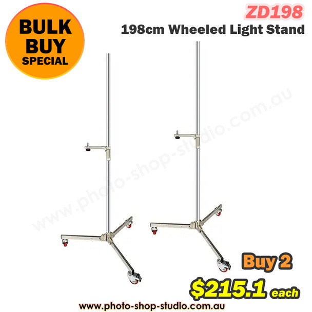 Fotolux 2x ZD198 Stainless Steel Wheeled Light Stand 198cm with Sliding Arm (Bulk Buy) 