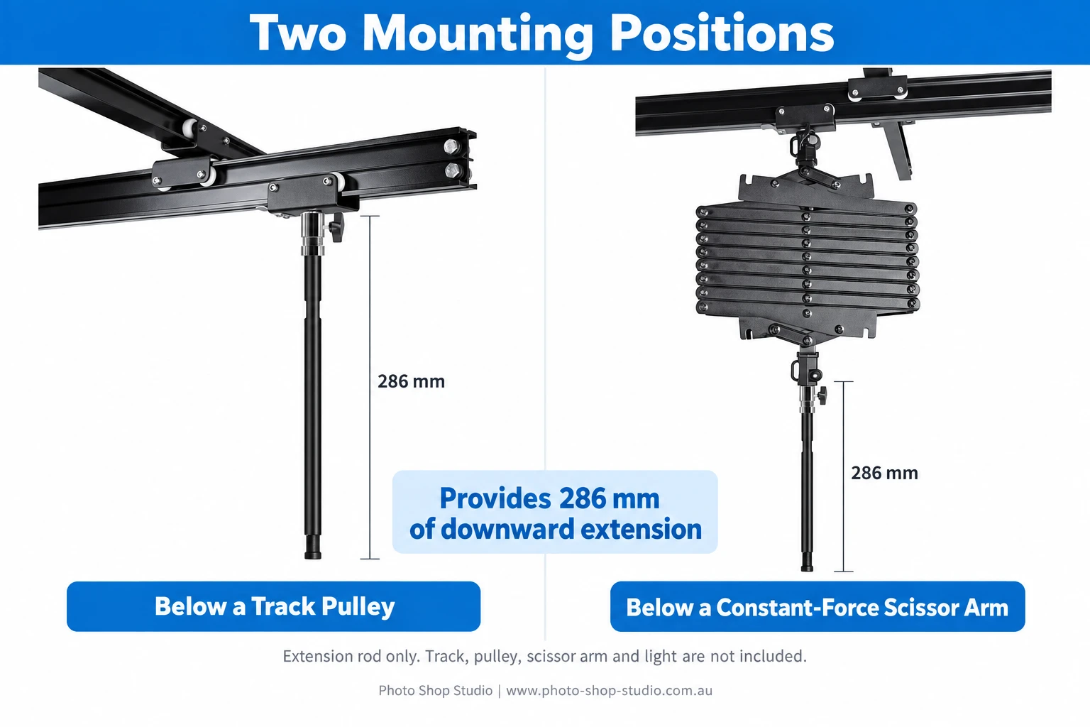 Fotolux extension rod mounting positions below a track pulley and scissor arm