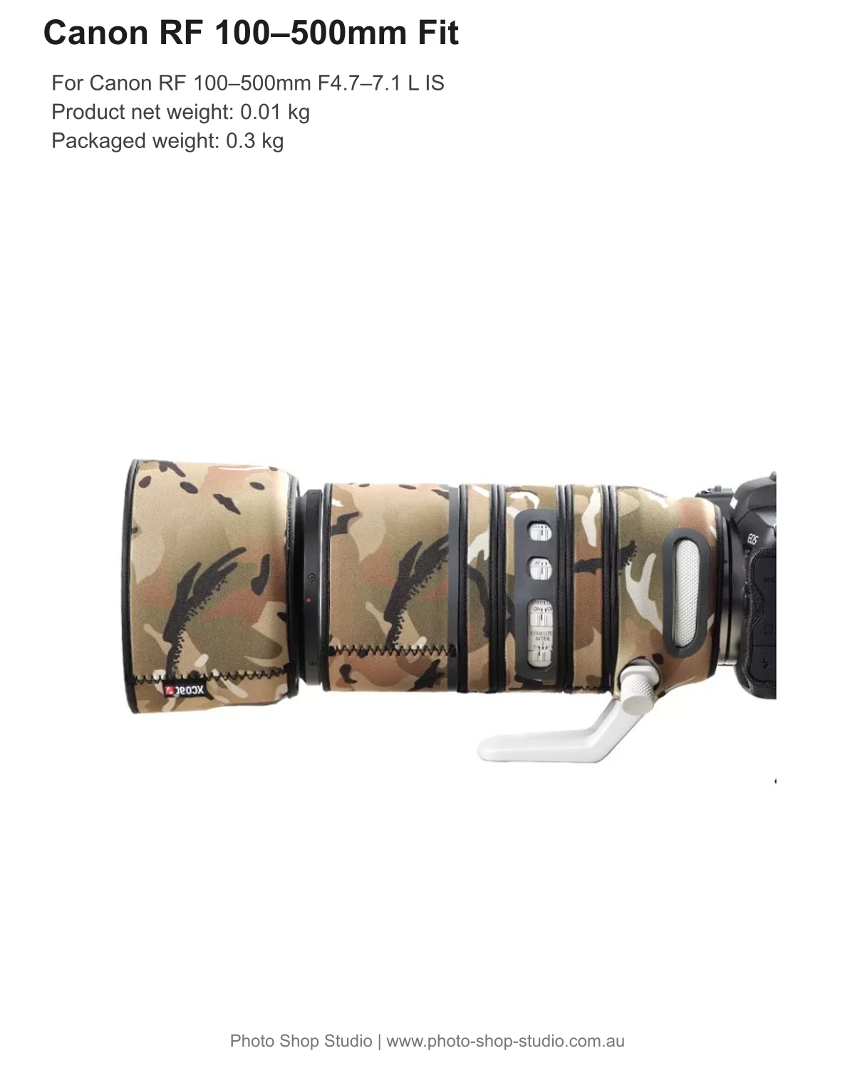 MC camouflage lens coat compatibility with Canon RF 100-500mm and product weights