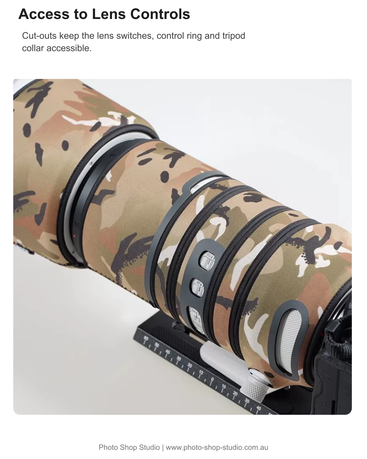 MC camouflage Canon RF 100-500mm lens coat access to controls and tripod collar