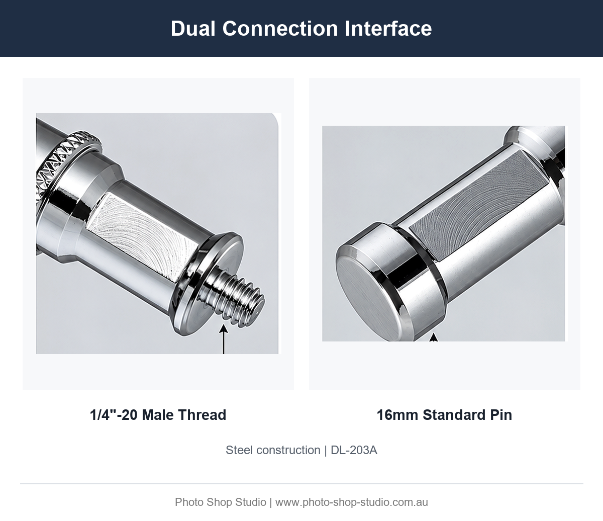 Fotolux DL-203A 1/4-20 male thread and 16mm standard pin details