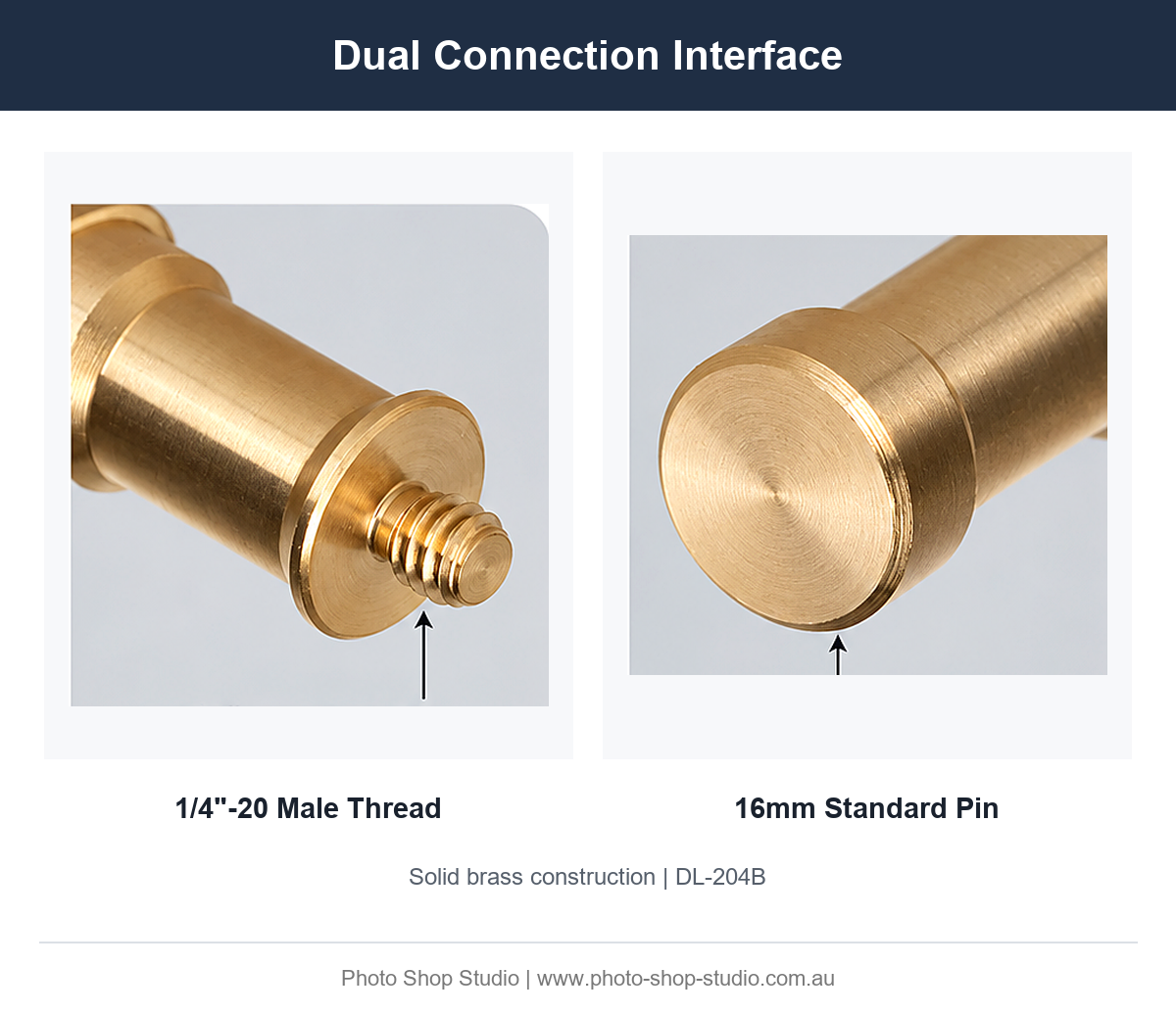 Fotolux DL-204B 1/4-20 male thread and 16mm standard pin details