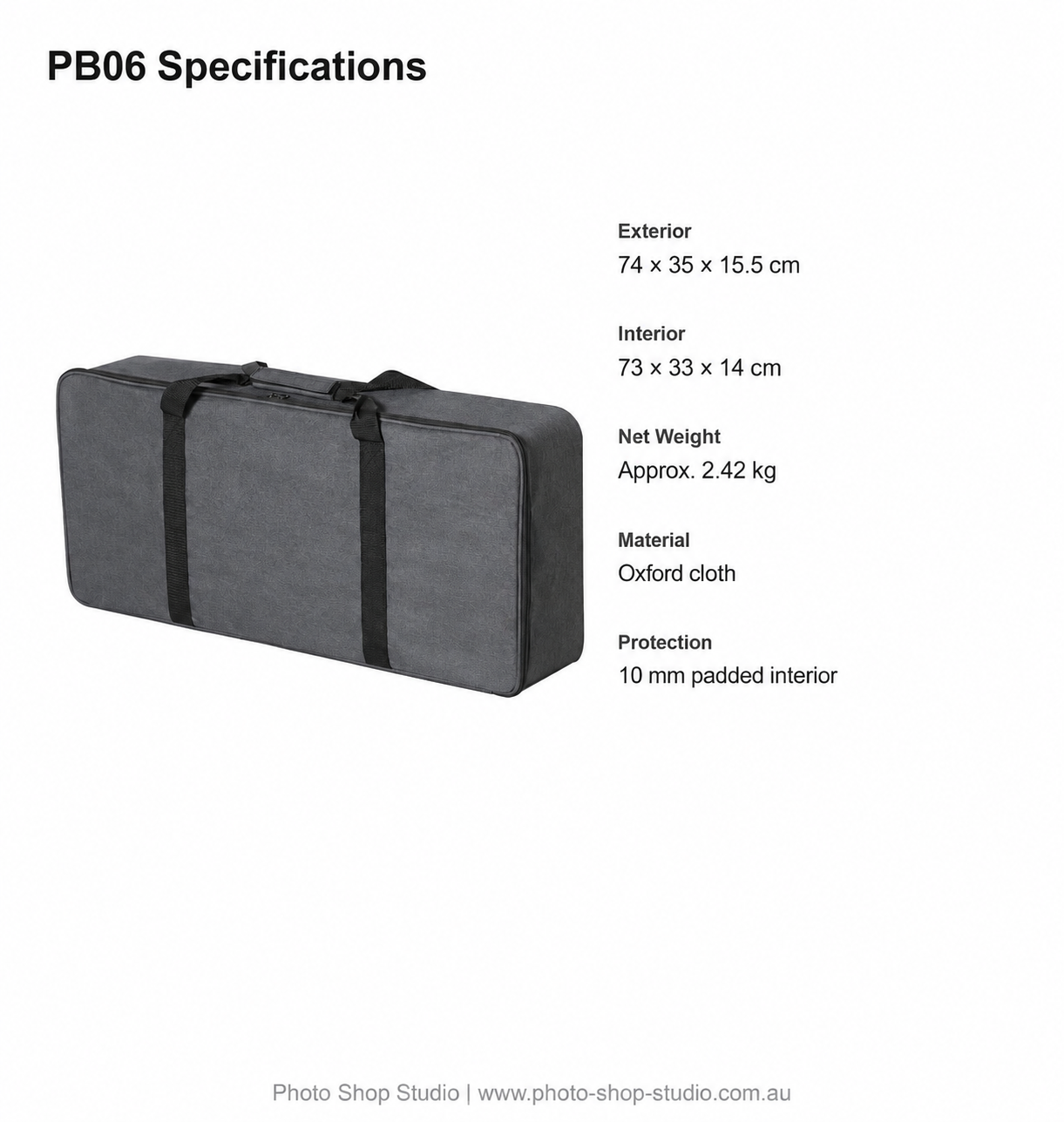 Fotolux PB06 Padded Photography Lighting Kit Carry Bag 74cm verified dimensions and specifications