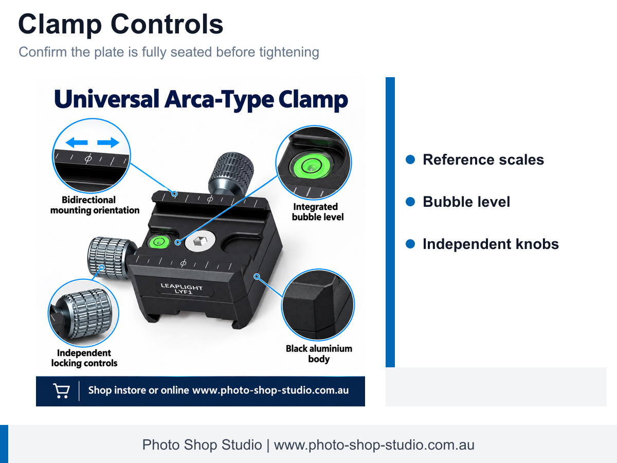 LEAPLIGHT LYF1 Universal Arca-Type Quick Release Plate Clamp - Black - application and compatibility