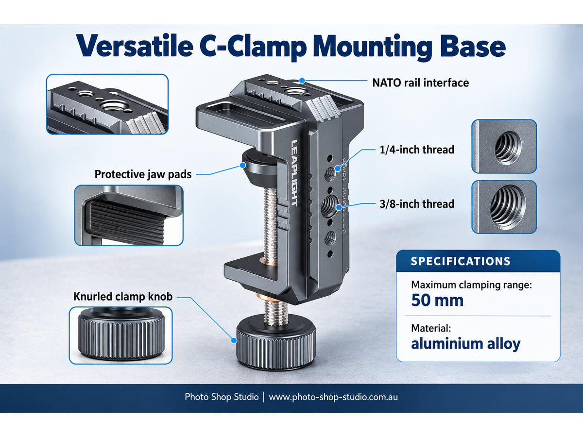 LEAPLIGHT LYM4 Aluminium C-Clamp with NATO, 1/4-inch and 3/8-inch Mounts - product details