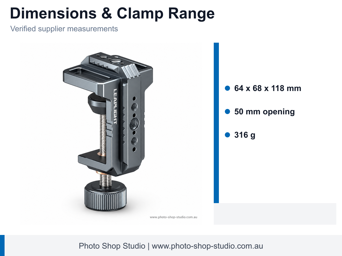 LEAPLIGHT LYM4 Aluminium C-Clamp with NATO, 1/4-inch and 3/8-inch Mounts - dimensions and features