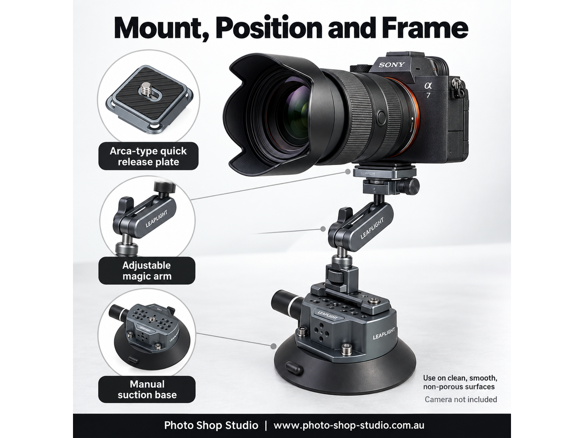 LEAPLIGHT LYV1 Suction Cup Camera Mount Kit with LYE15 Magic Arm and LYG1 Plate - Grey - dimensions and features