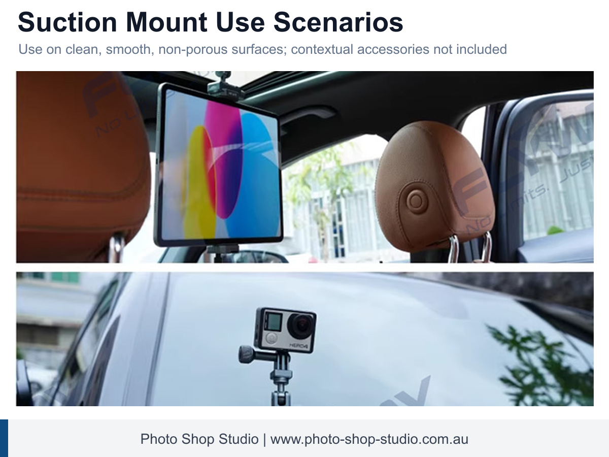 LEAPLIGHT LYV1 Suction Cup Camera Mount Kit with LYE15 Magic Arm and LYG1 Plate - Grey - application and compatibility