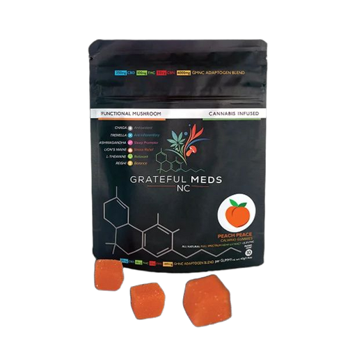 Grateful Meds | Functional Mushroom Canna Gummy | Peach Peace | CBD + THC + Four Mushroom Blend | 10 Count