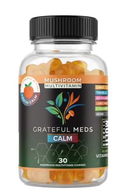 Grateful Meds | Multivitamin Mushroom Gummies | Peach | Calm | THC Free | 30 Count