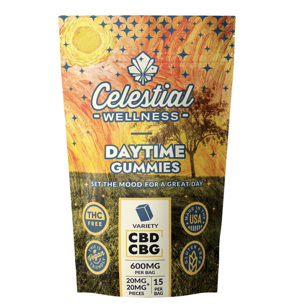 The image features a product package with vibrant artwork and clear branding. The top of the package showcases an artistic representation of a sunny sky with swirling patterns in shades of orange, yellow, and white, reminiscent of Vincent van Gogh's "Starry Night" style but with a daytime theme.

The brand name "Celestial Wellness" is prominently displayed in the upper section of the package with a decorative emblem that includes a leaf motif, suggesting a natural or organic product. Below the brand name is the product name "DAYTIME GUMMIES" in bold, capital letters, indicating that these are gummies intended for use during the day.

A tagline beneath the product name reads "SET THE MOOD FOR A GREAT DAY," which implies that the gummies are designed to positively influence the user's day. The package also features several badges that provide additional information: "THC FREE" indicating the absence of THC, "Variety CBD CBG" suggesting that it contains a mix of cannabinoids, "600MG PER BAG" indicating the total amount of active ingredients in the bag, "20MG" followed by "15 PIECES PER BAG" specifying the dosage per piece and the total count. Additional attributes such as "Vegan Friendly" and "Made in the USA" are also highlighted with corresponding icons.

The overall design of the package conveys a sense of wellness and positivity, with a focus on the natural and beneficial properties of the product.