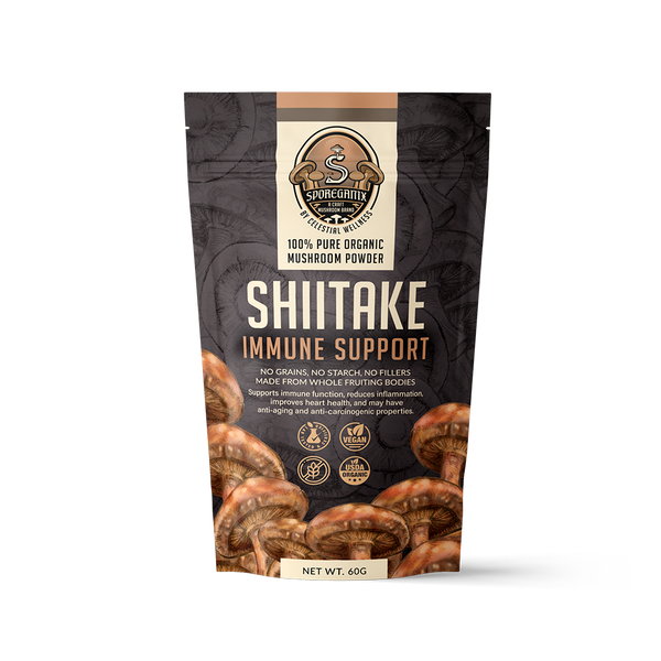 The product image for Sporeganix's Shiitake Mushroom Extract Powder is aesthetically pleasing and informative. The Sporeganix logo is placed at the top center of the front of the bag. The backdrop features faint outlines of Shiitake mushrooms, contributing to the overall stylish design. A lively, cartoon-like depiction of a Shiitake mushroom, known for its broad, brown cap, is prominently displayed near the bottom of the front of the bag.