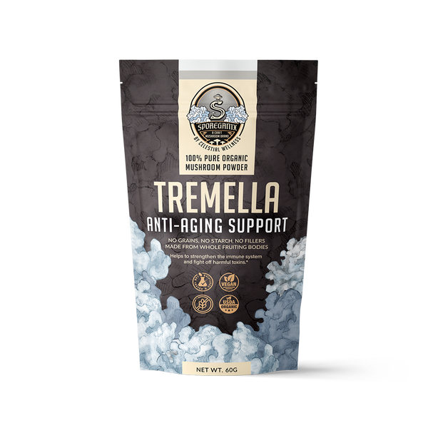 The packaging of the Sporeganix Tremella Mushroom Extract Powder is a beautifully designed piece that exudes health and wellness. The Sporeganix logo sits proudly at the top center of the front of the bag. The background features faint outlines of Tremella mushrooms, giving it a subtle and sophisticated look. A vibrant cartoon-like image of a Tremella mushroom, known for its distinct gelatinous, irregular shape, is prominently displayed near the bottom of the front of the bag.