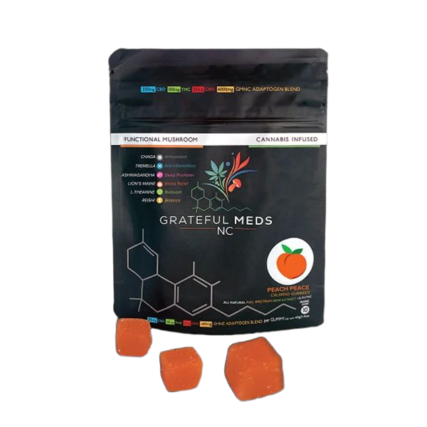 Grateful Meds | Functional Mushroom Canna Gummy | Peach Peace | CBD + THC + Four Mushroom Blend | 10 Count