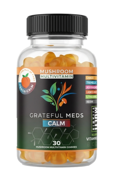 Grateful Meds | Multivitamin Mushroom Gummies | Peach | Calm | THC Free | 30 Count