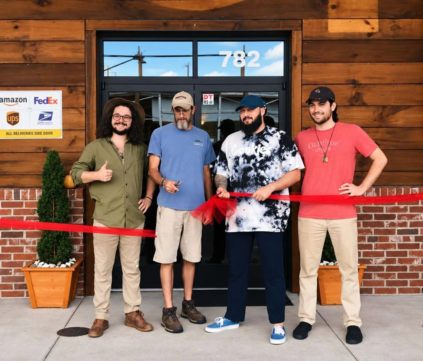 The Celestial Wellness team cutting a red ribbon outside the shop