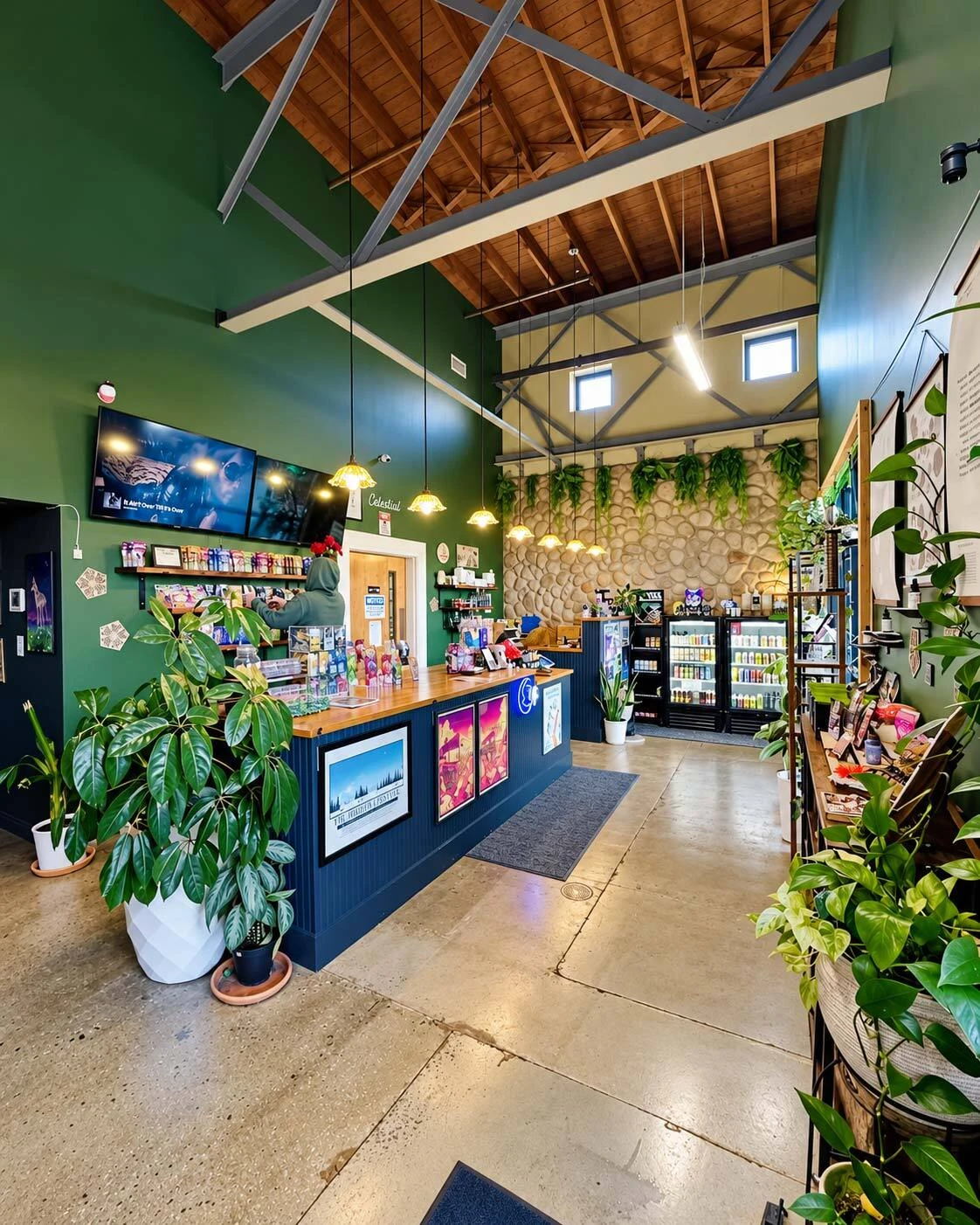 Inside the Celestial Wellness shop, with plants, a wood counter and product shelves