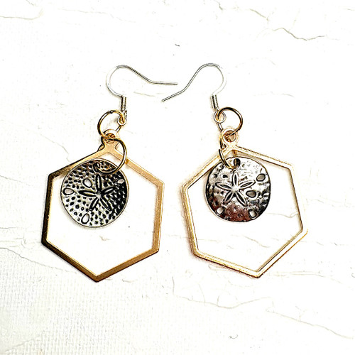 Silver Sand Dollar & Gold Hexagon Earrings