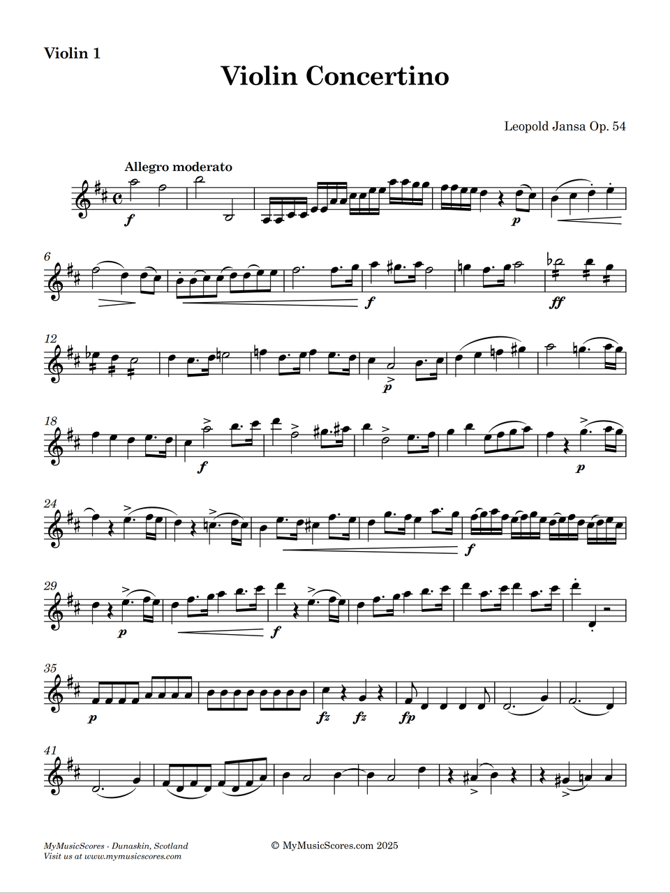 Jansa Violin Concertino Op 54 for Violin and String Orchestra