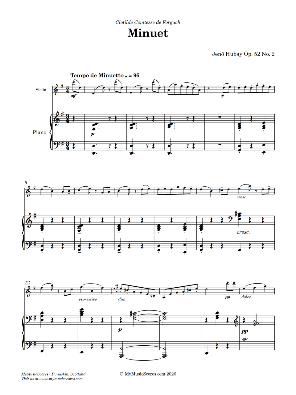 Hubay Minuet, Op. 52 No. 2 for Violin and Piano I Sheet Music