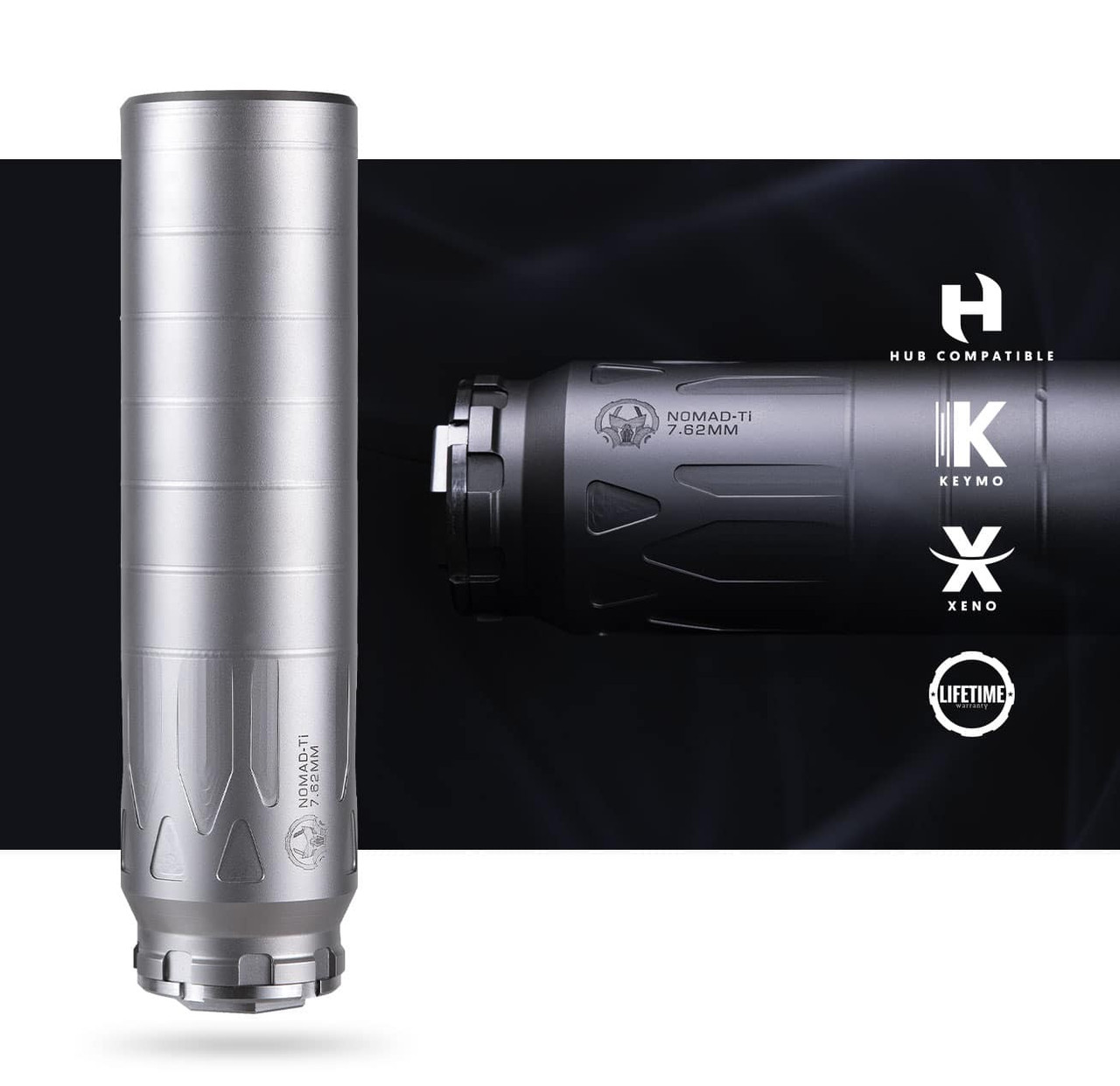 Dead Air Nomad-Ti XC Silver 7.62mm Silencer w/ Xeno Adapter & Omni