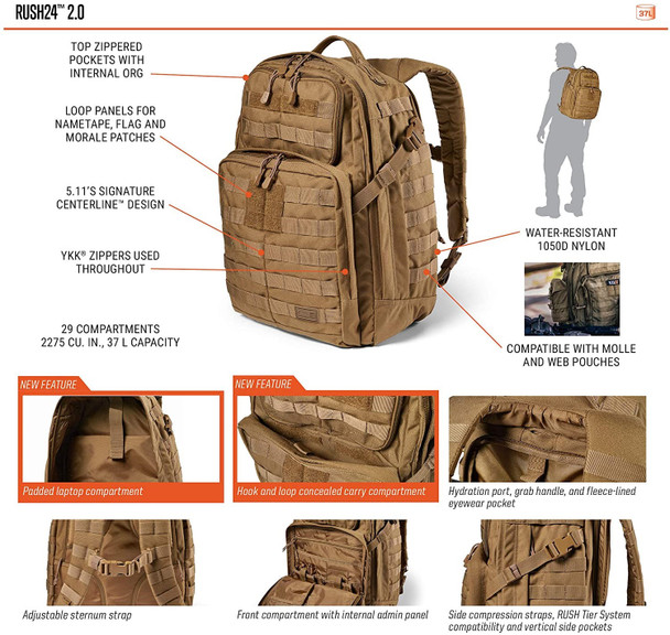 5.11 Tactical Rush 24 2.0 37L Military Molle Backpack - 56563