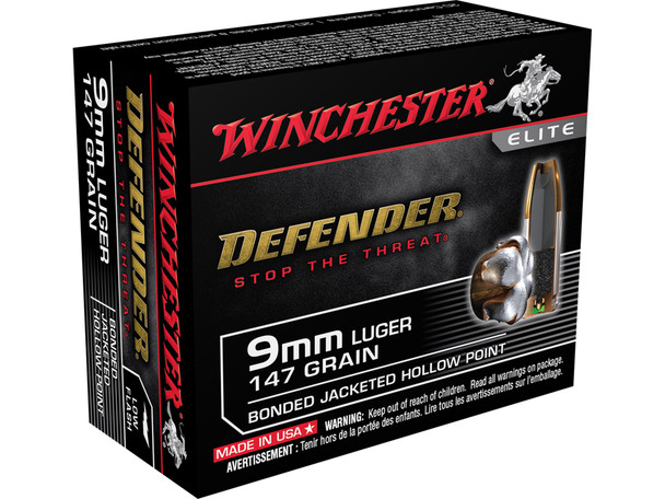 Winchester Defender Ammunition 9mm Luger 147 Grain Bonded Jacketed Hollow Point