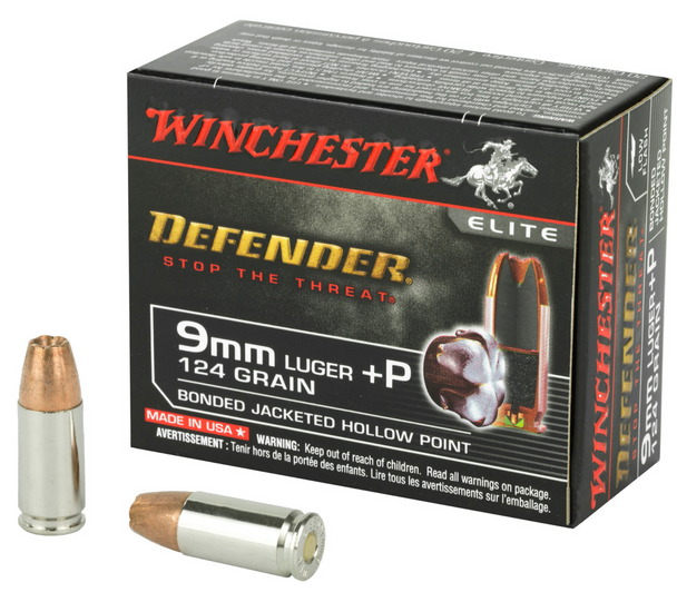 Winchester Defender Ammunition 9mm Luger 124 +P Grain Bonded Jacketed Hollow Point